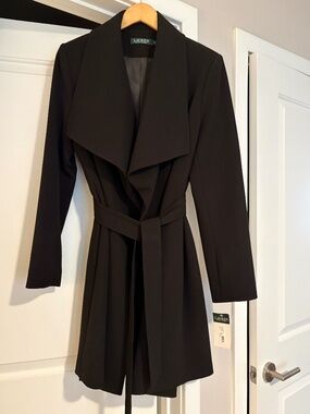 Lauren Ralph Lauren Belted Drape Front Wrap Coat Black Medium NWT